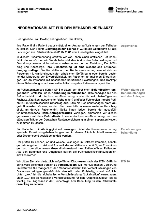 Abbildung eines Informationsblattes für den behandelnden Arzt